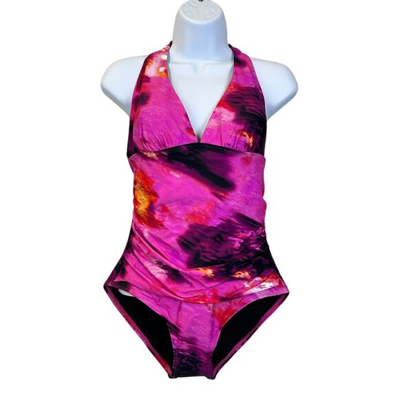 DKNY Abstract Mirage Ruched Tie-Back Halter One-Piece Women's Medium NWT - Picture 2 of 13
